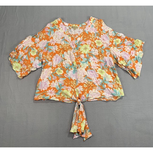 Democracy Floral V Neck Blouse Womens Medium Orange Boho Tie Hem Top - Picture 4 of 8